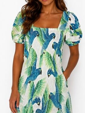 FARM Rio Araras Parrot Print Smocked Mini Dress.